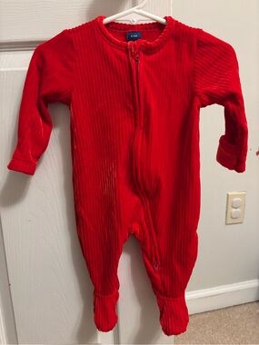 Red Long-Sleeve Zip Footed Velour Baby One-Piece